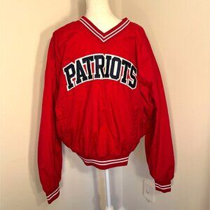 Vtg Patriots Red Pullover Jacket XL By Russell Athletic Striped Cuffs Hem V-Neck